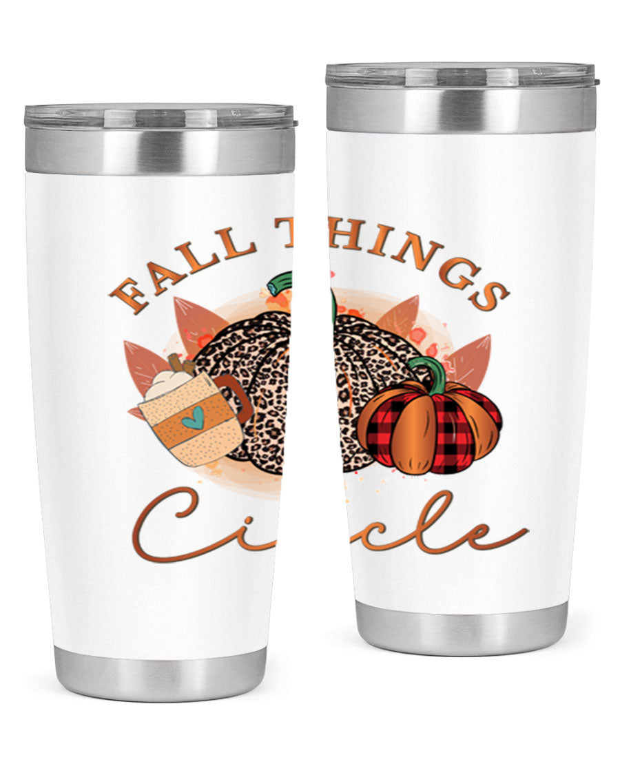 Fall Things Circle 133# Tumbler showcasing its double wall vacuum stainless steel design with a vibrant fall-themed print.