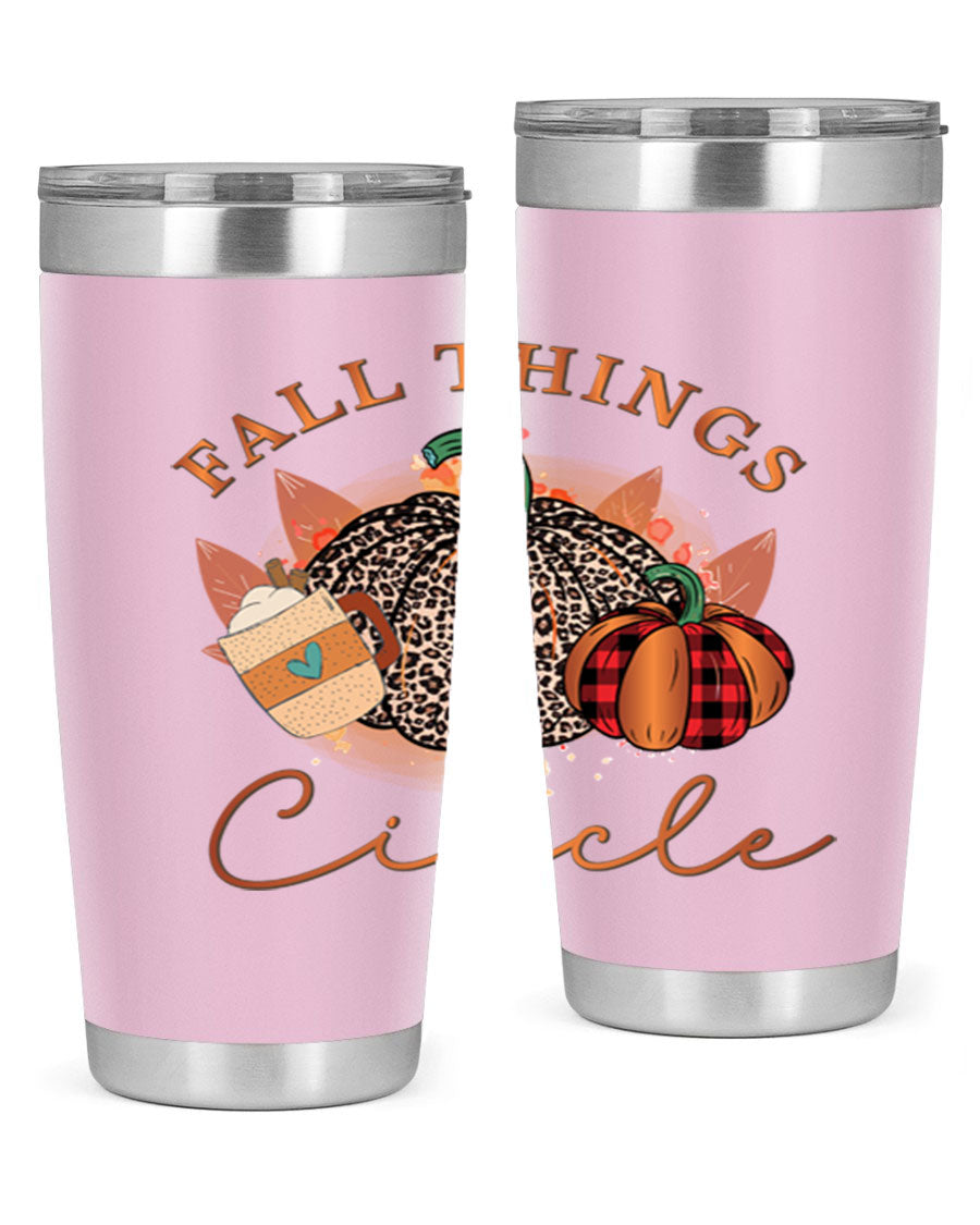 Fall Things Circle 133# Tumbler showcasing its double wall vacuum stainless steel design with a vibrant fall-themed print.