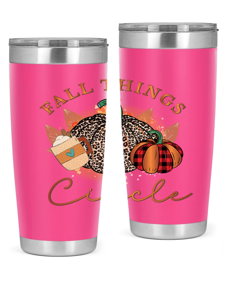 Fall Things Circle 133# Tumbler showcasing its double wall vacuum stainless steel design with a vibrant fall-themed print.