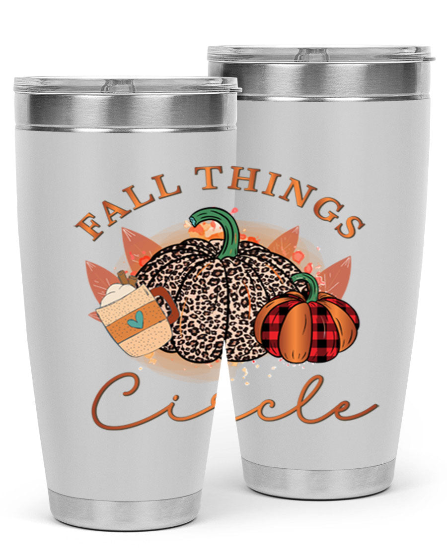 Fall Things Circle 133# Tumbler showcasing its double wall vacuum stainless steel design with a vibrant fall-themed print.