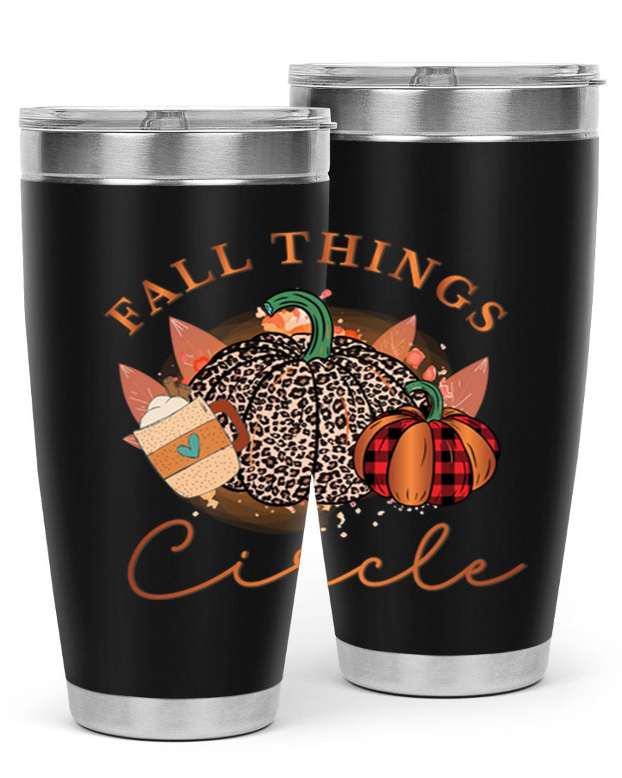 Fall Things Circle 133# Tumbler showcasing its double wall vacuum stainless steel design with a vibrant fall-themed print.