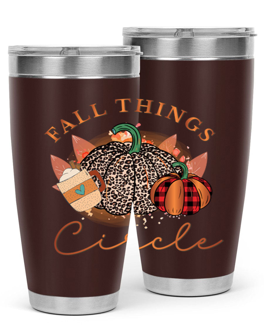 Fall Things Circle 133# Tumbler showcasing its double wall vacuum stainless steel design with a vibrant fall-themed print.