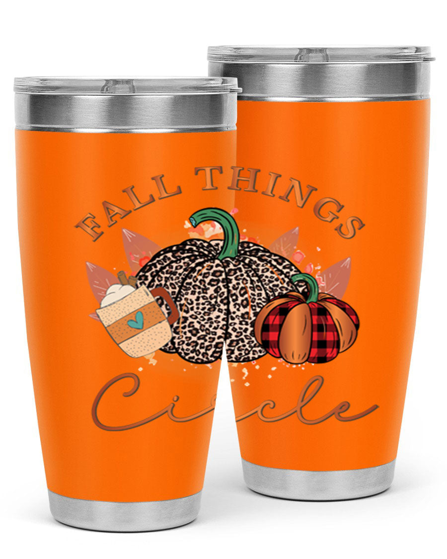 Fall Things Circle 133# Tumbler showcasing its double wall vacuum stainless steel design with a vibrant fall-themed print.