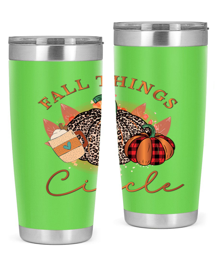 Fall Things Circle 133# Tumbler showcasing its double wall vacuum stainless steel design with a vibrant fall-themed print.