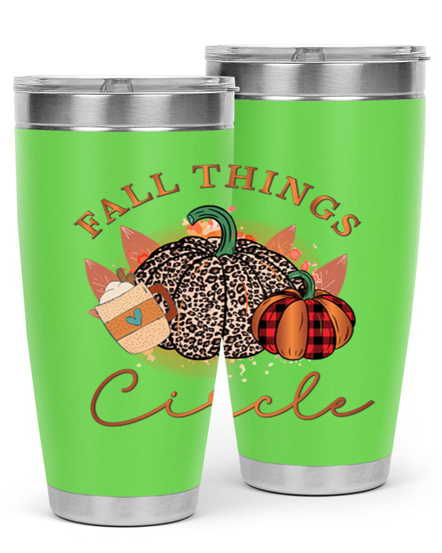 Fall Things Circle 133# Tumbler showcasing its double wall vacuum stainless steel design with a vibrant fall-themed print.