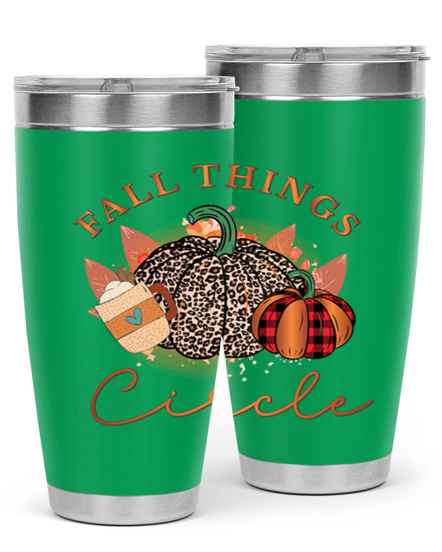 Fall Things Circle 133# Tumbler showcasing its double wall vacuum stainless steel design with a vibrant fall-themed print.