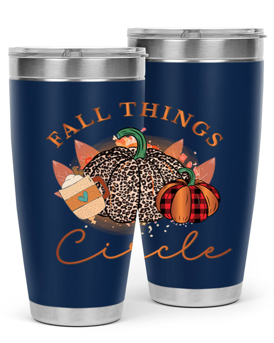 Fall Things Circle 133# Tumbler showcasing its double wall vacuum stainless steel design with a vibrant fall-themed print.