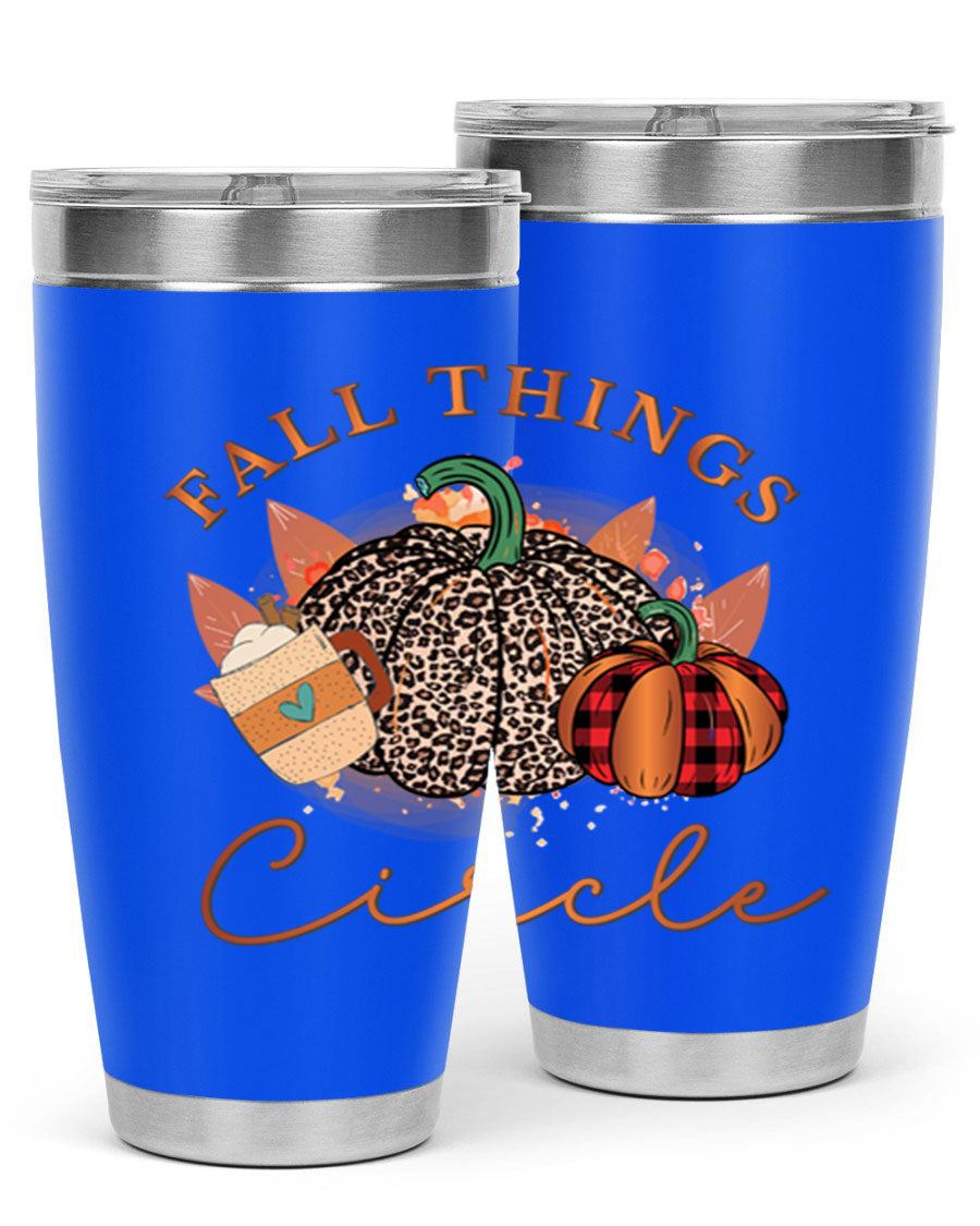 Fall Things Circle 133# Tumbler showcasing its double wall vacuum stainless steel design with a vibrant fall-themed print.