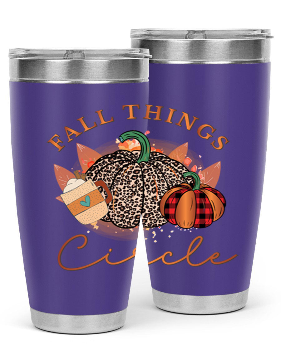 Fall Things Circle 133# Tumbler showcasing its double wall vacuum stainless steel design with a vibrant fall-themed print.
