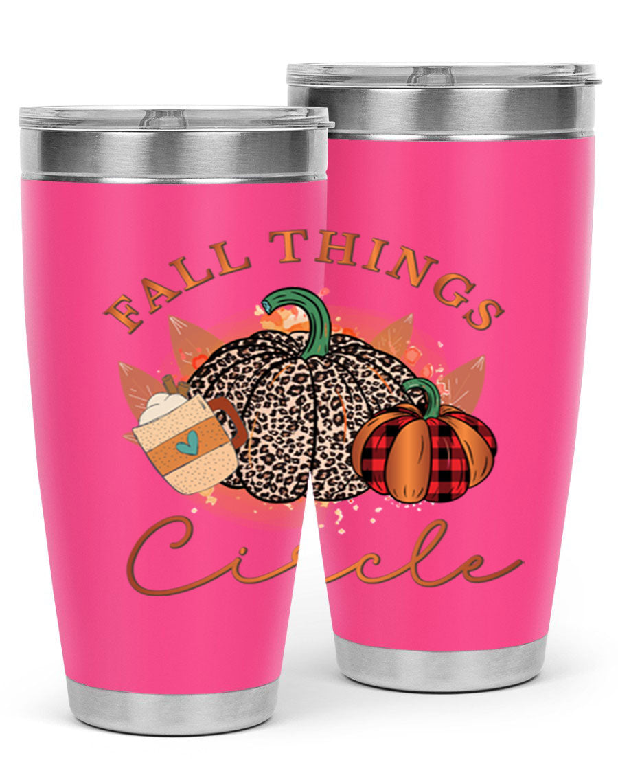 Fall Things Circle 133# Tumbler showcasing its double wall vacuum stainless steel design with a vibrant fall-themed print.