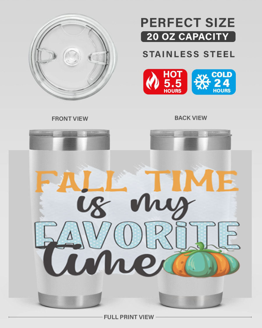 Fall Time is My Favorite Time tumbler featuring a stylish autumn design, made of double wall vacuum stainless steel with a drink-thru lid.