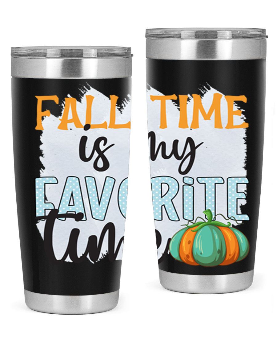 Fall Time is My Favorite Time tumbler featuring a stylish autumn design, made of double wall vacuum stainless steel with a drink-thru lid.
