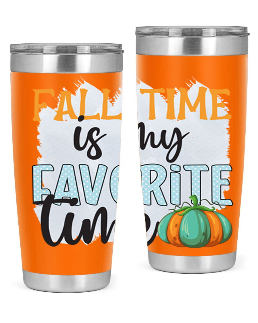 Fall Time is My Favorite Time tumbler featuring a stylish autumn design, made of double wall vacuum stainless steel with a drink-thru lid.