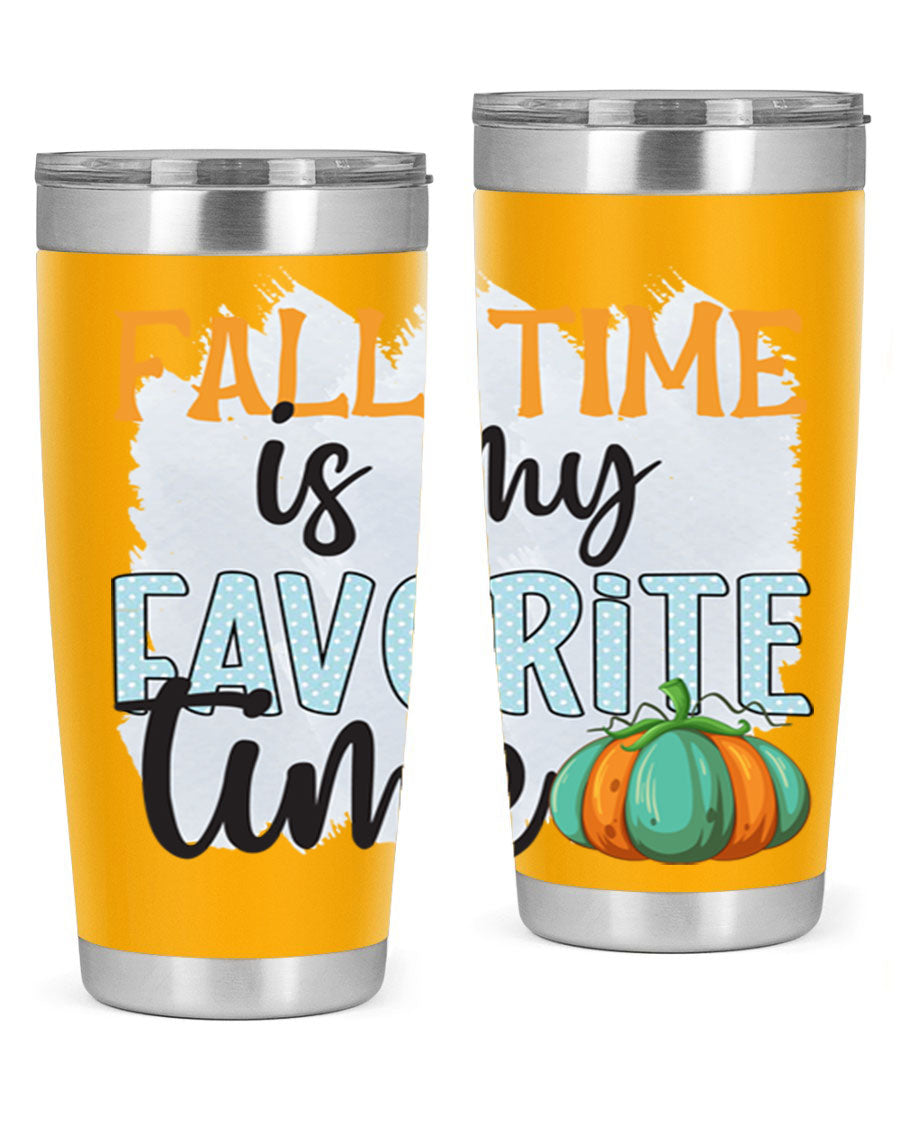 Fall Time is My Favorite Time tumbler featuring a stylish autumn design, made of double wall vacuum stainless steel with a drink-thru lid.