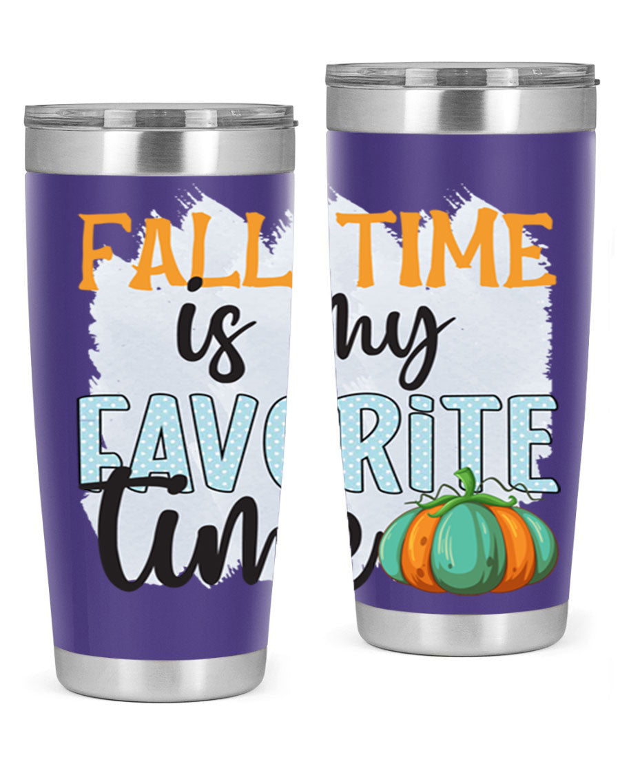 Fall Time is My Favorite Time tumbler featuring a stylish autumn design, made of double wall vacuum stainless steel with a drink-thru lid.