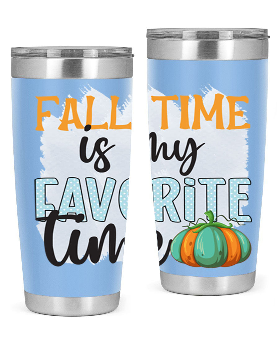 Fall Time is My Favorite Time tumbler featuring a stylish autumn design, made of double wall vacuum stainless steel with a drink-thru lid.