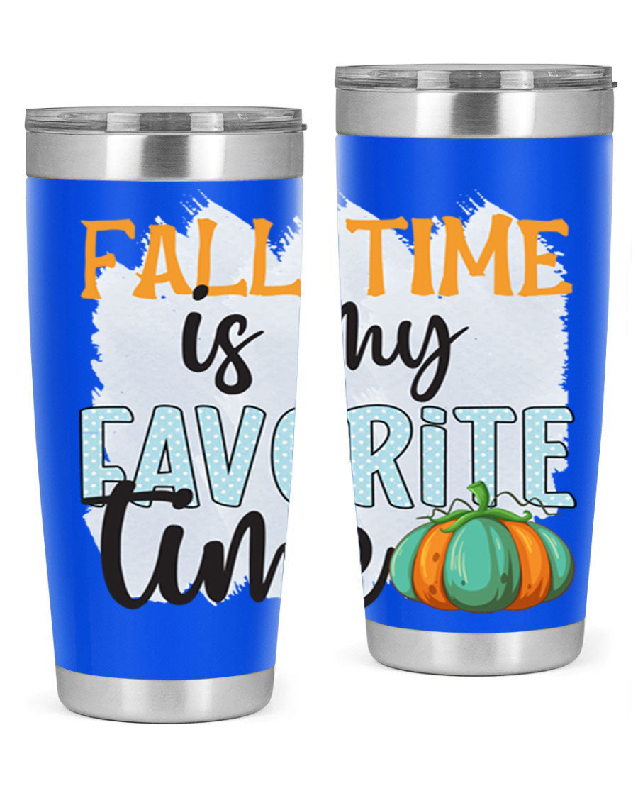 Fall Time is My Favorite Time tumbler featuring a stylish autumn design, made of double wall vacuum stainless steel with a drink-thru lid.