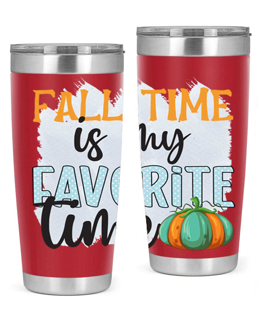 Fall Time is My Favorite Time tumbler featuring a stylish autumn design, made of double wall vacuum stainless steel with a drink-thru lid.