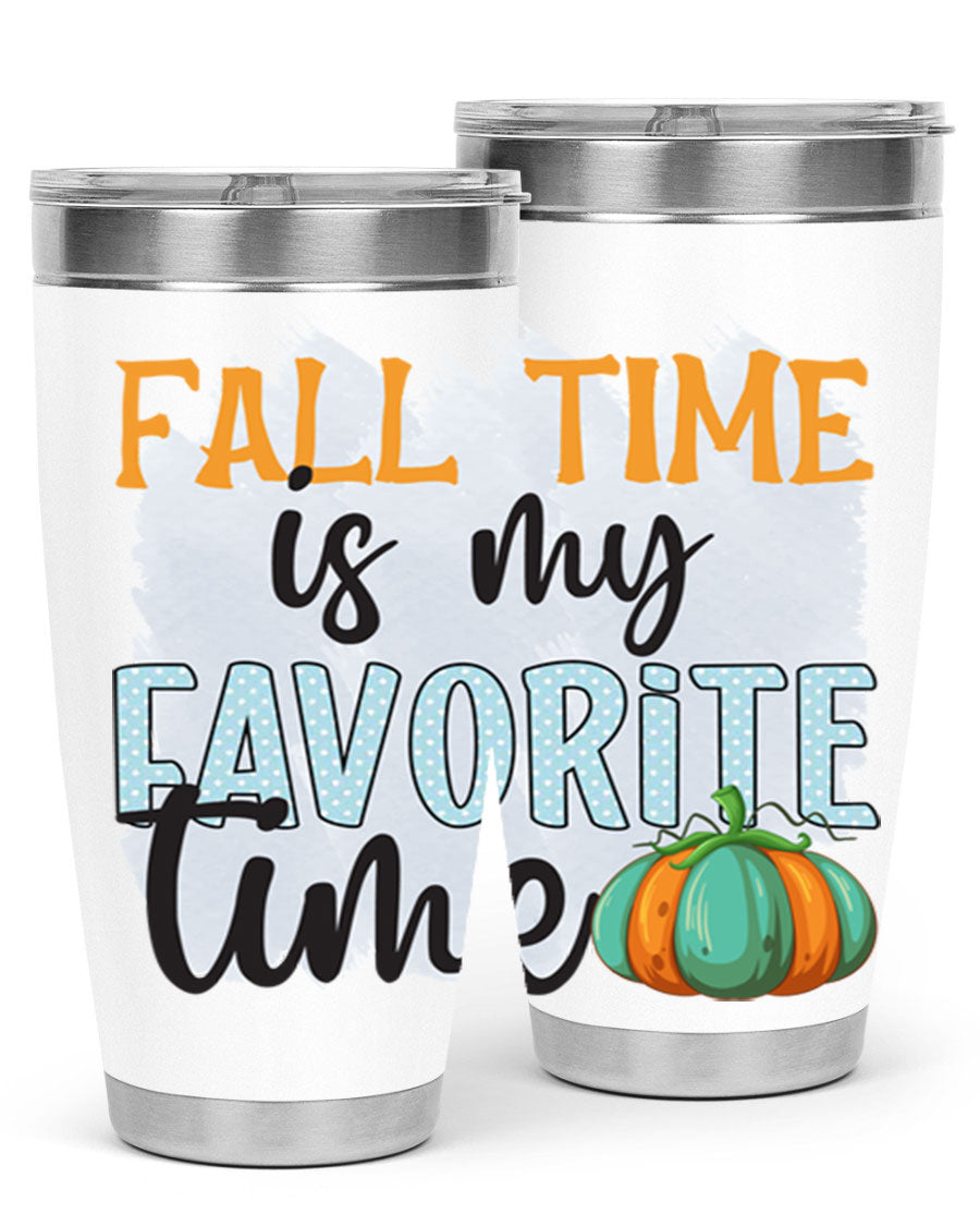 Fall Time is My Favorite Time tumbler featuring a stylish autumn design, made of double wall vacuum stainless steel with a drink-thru lid.