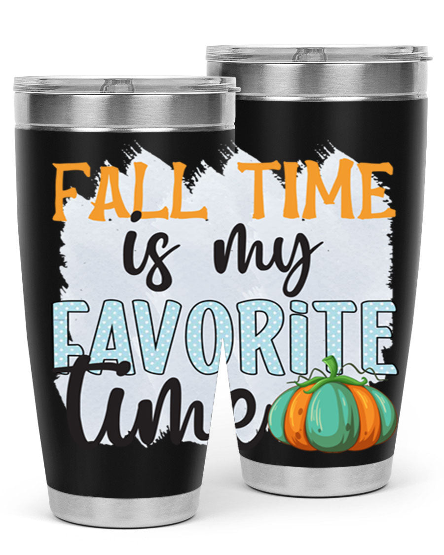 Fall Time is My Favorite Time tumbler featuring a stylish autumn design, made of double wall vacuum stainless steel with a drink-thru lid.