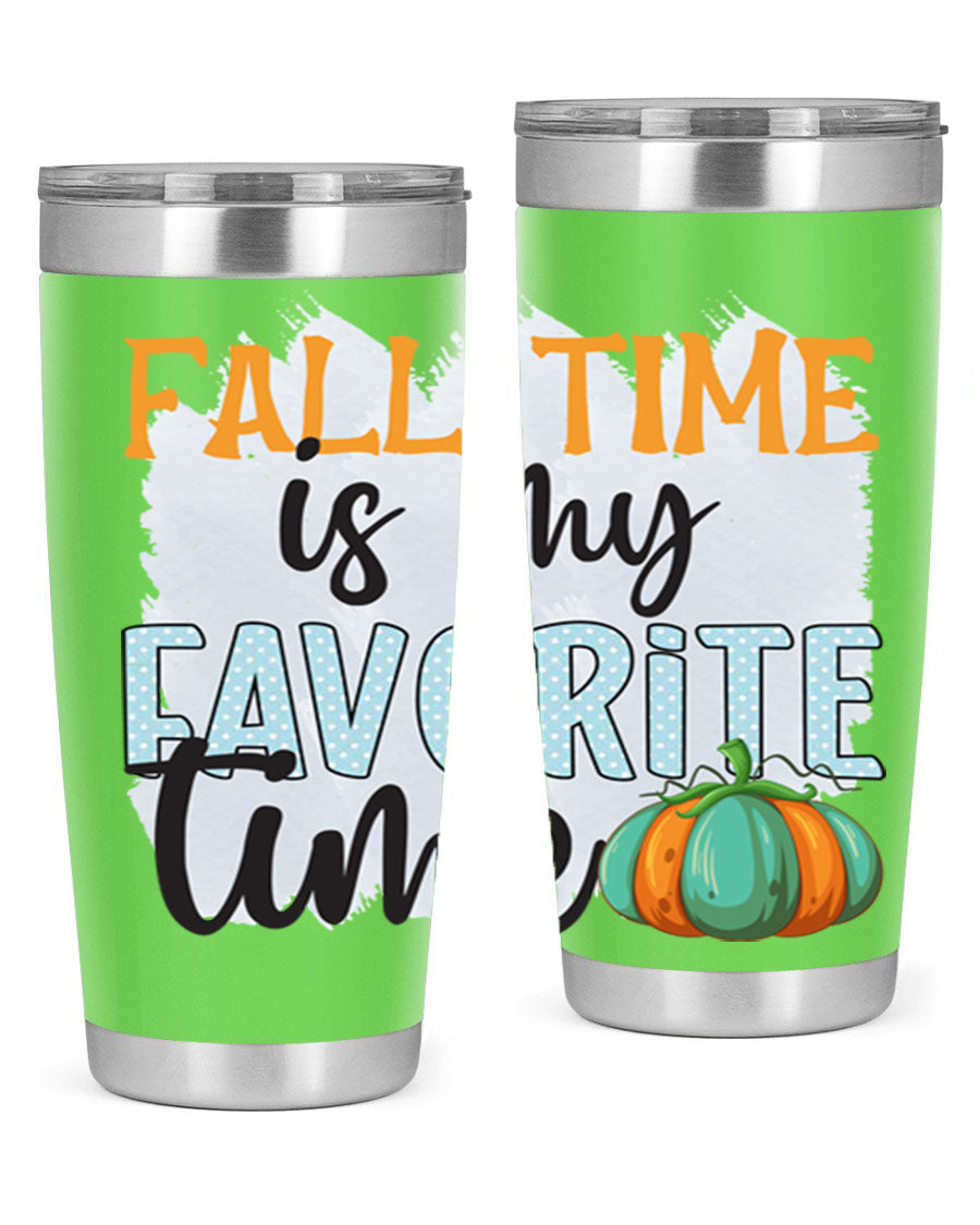 Fall Time is My Favorite Time tumbler featuring a stylish autumn design, made of double wall vacuum stainless steel with a drink-thru lid.