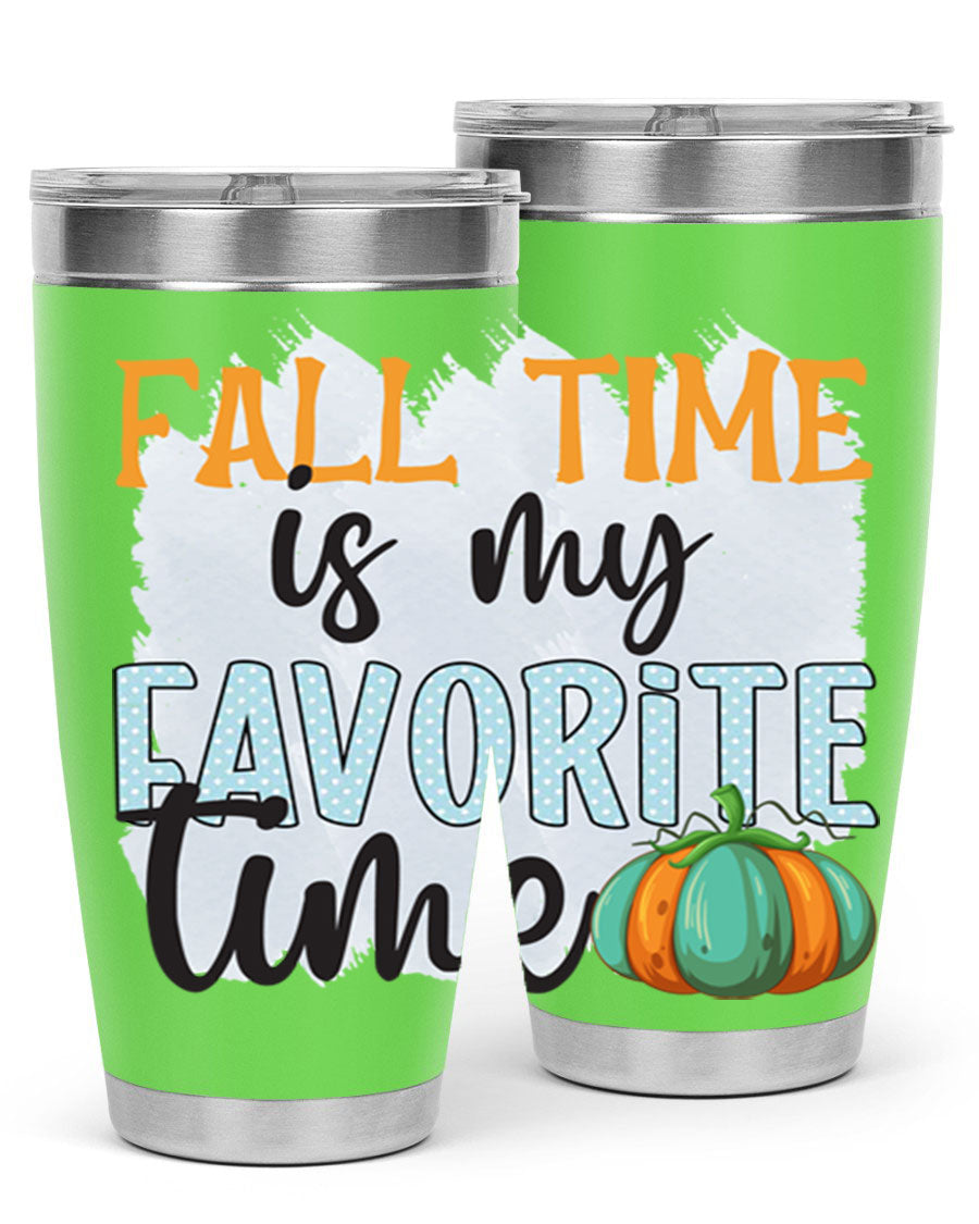 Fall Time is My Favorite Time tumbler featuring a stylish autumn design, made of double wall vacuum stainless steel with a drink-thru lid.