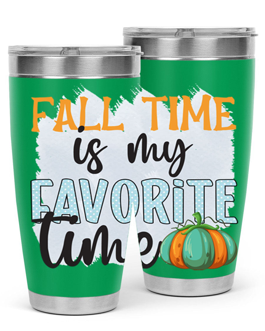 Fall Time is My Favorite Time tumbler featuring a stylish autumn design, made of double wall vacuum stainless steel with a drink-thru lid.
