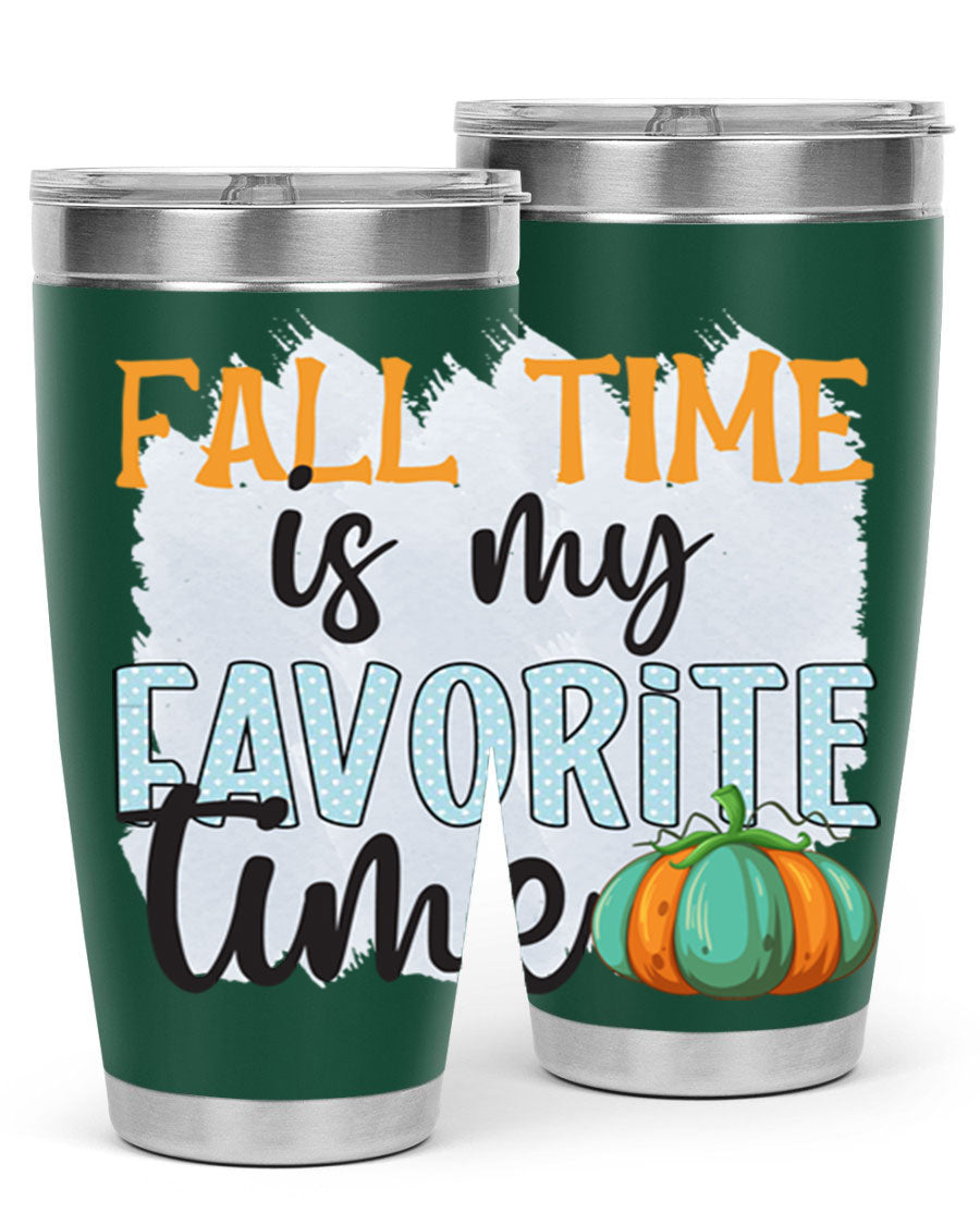 Fall Time is My Favorite Time tumbler featuring a stylish autumn design, made of double wall vacuum stainless steel with a drink-thru lid.