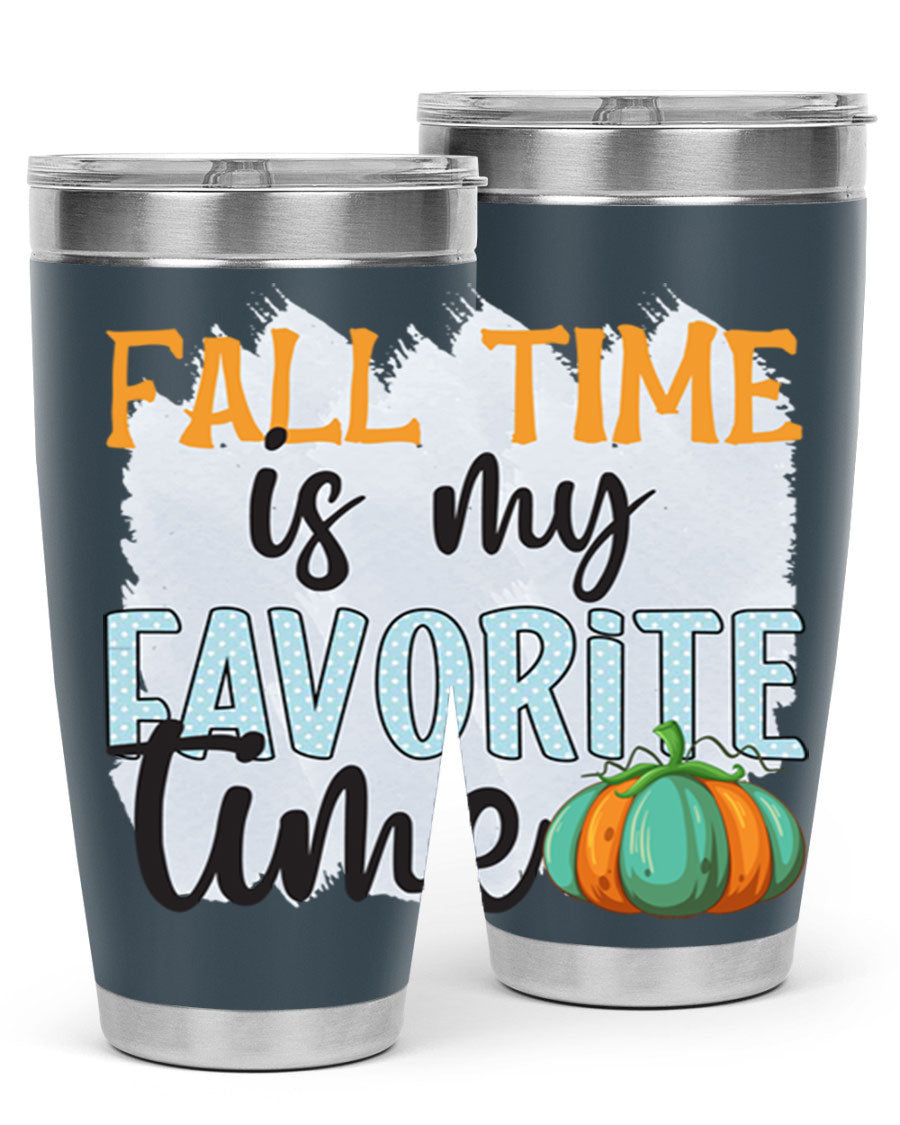 Fall Time is My Favorite Time tumbler featuring a stylish autumn design, made of double wall vacuum stainless steel with a drink-thru lid.