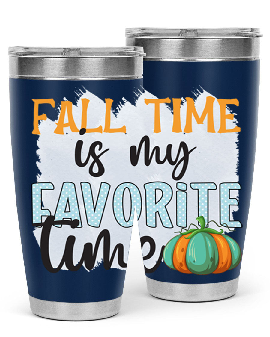 Fall Time is My Favorite Time tumbler featuring a stylish autumn design, made of double wall vacuum stainless steel with a drink-thru lid.