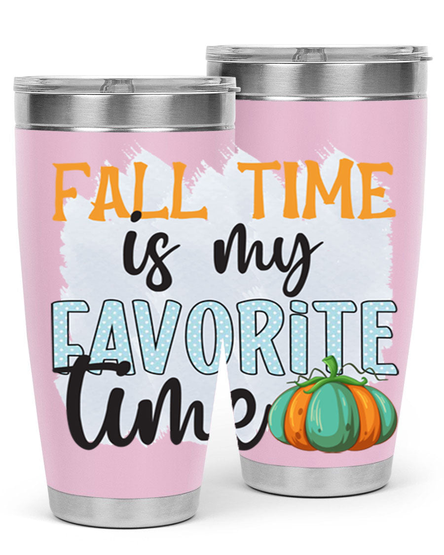 Fall Time is My Favorite Time tumbler featuring a stylish autumn design, made of double wall vacuum stainless steel with a drink-thru lid.