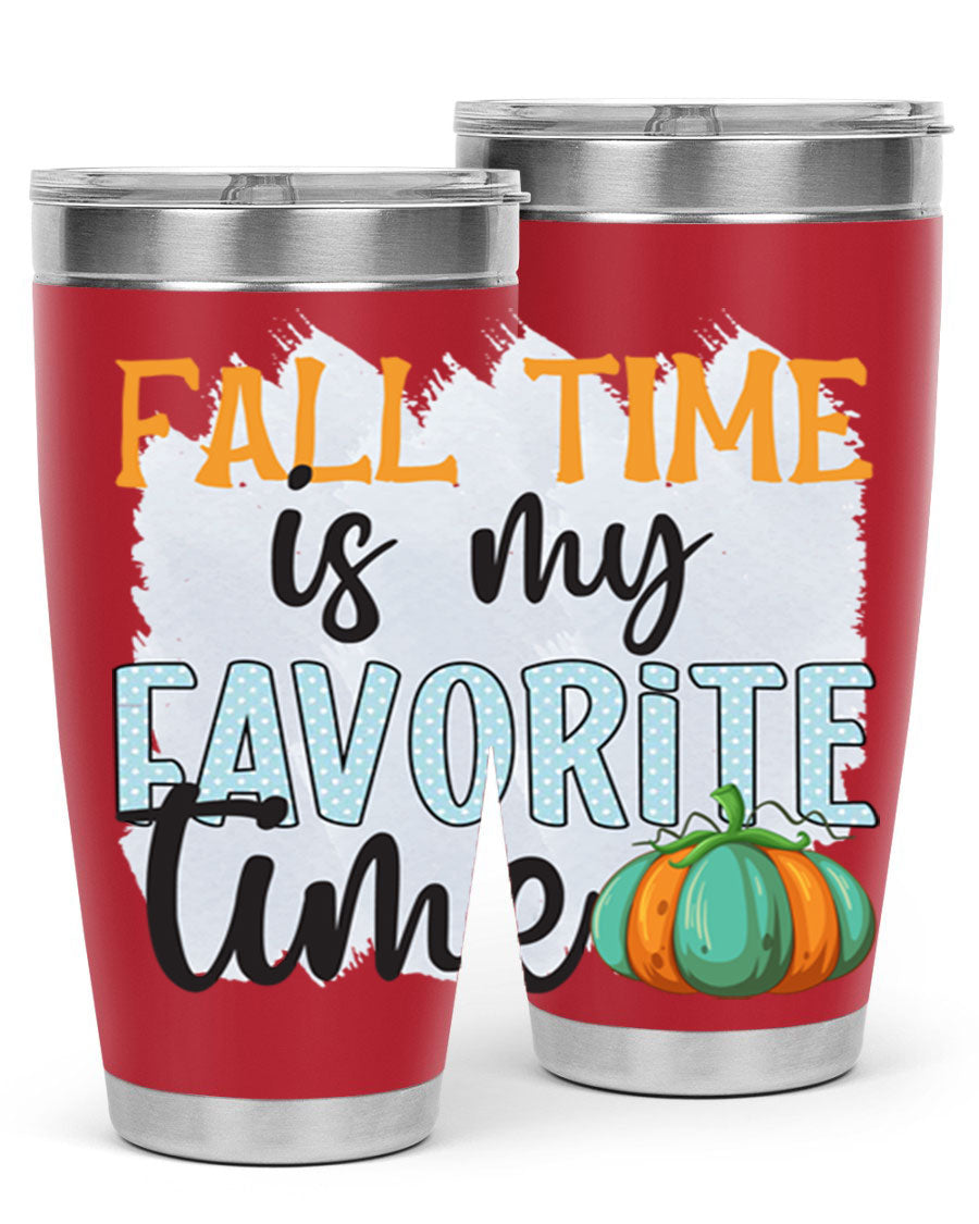 Fall Time is My Favorite Time tumbler featuring a stylish autumn design, made of double wall vacuum stainless steel with a drink-thru lid.