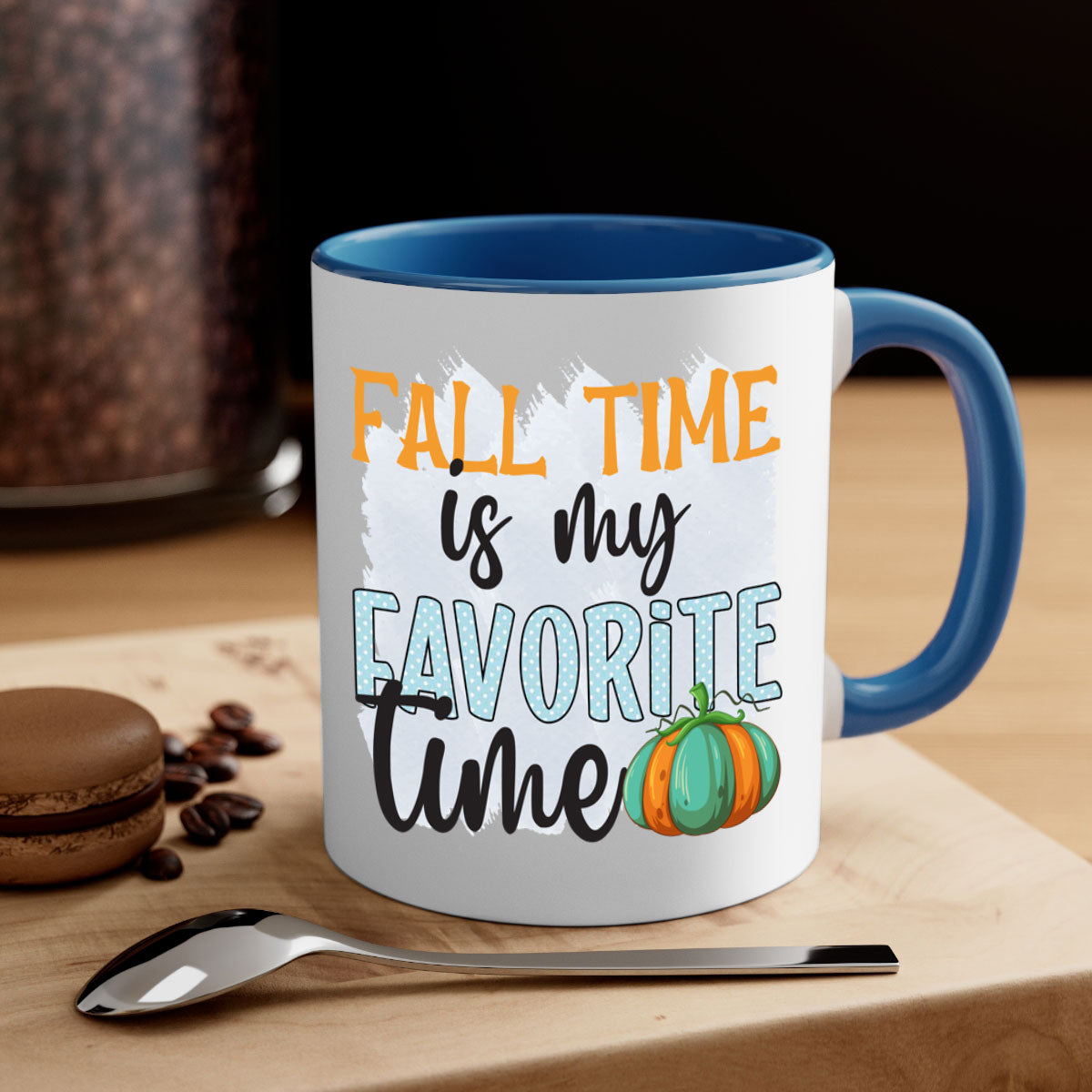 Fall Time is My Favorite Time Mug with a glossy finish, featuring a colored handle and interior, available in five colors.