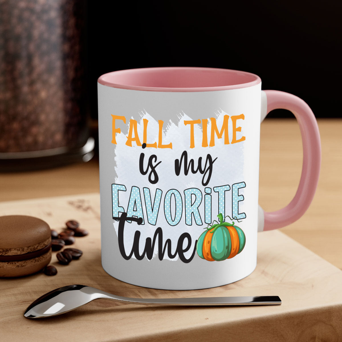 Fall Time is My Favorite Time Mug with a glossy finish, featuring a colored handle and interior, available in five colors.