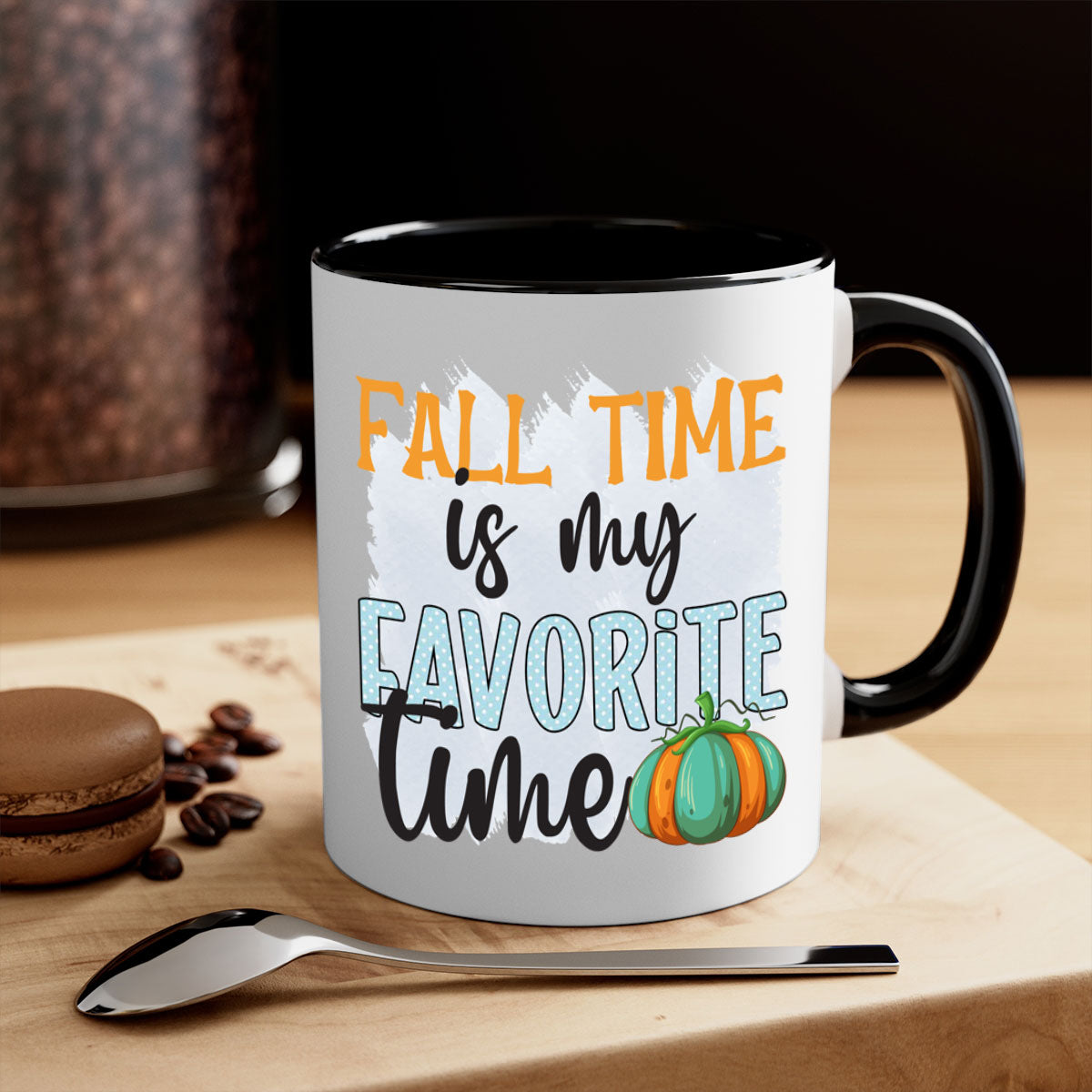 Fall Time is My Favorite Time Mug with a glossy finish, featuring a colored handle and interior, available in five colors.