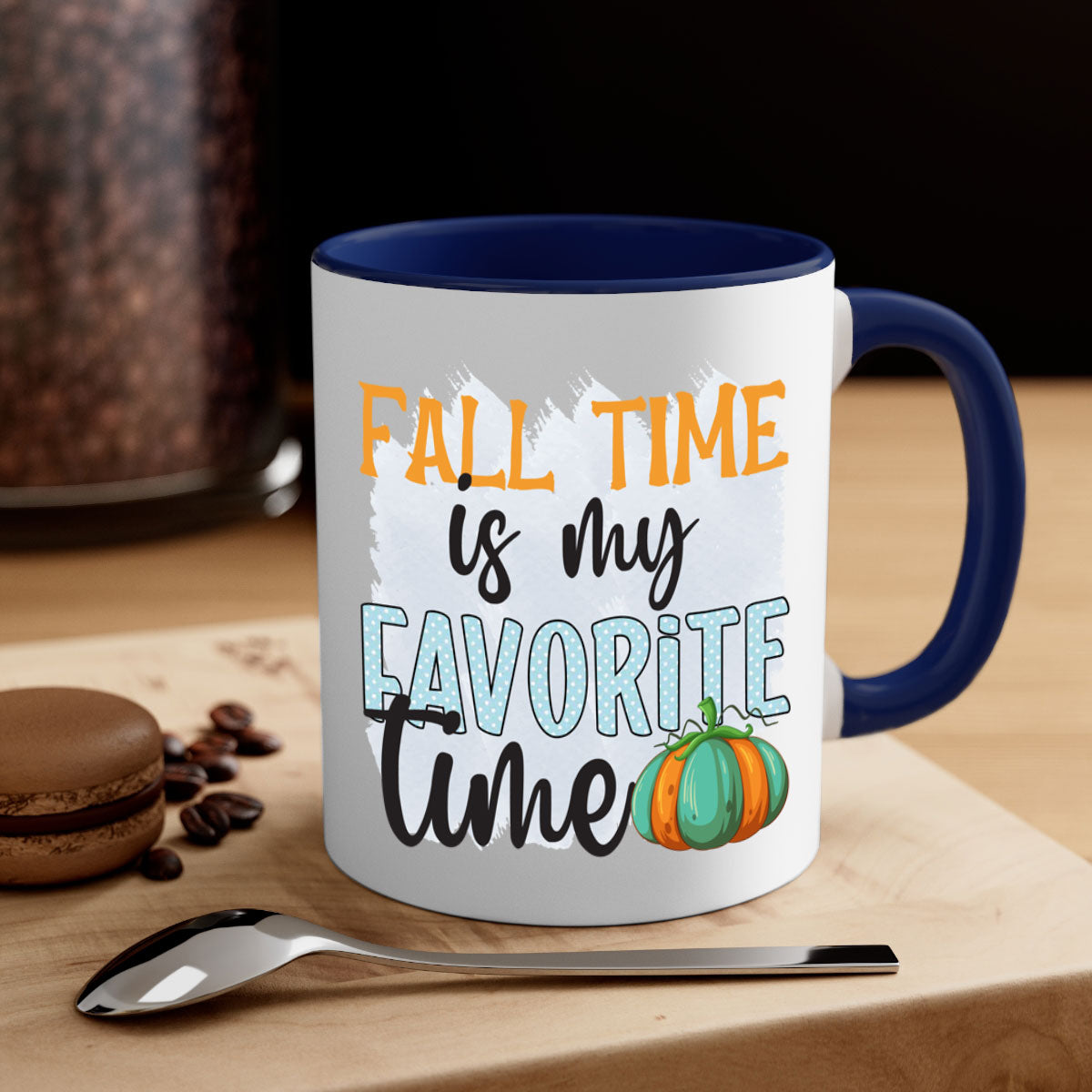 Fall Time is My Favorite Time Mug with a glossy finish, featuring a colored handle and interior, available in five colors.