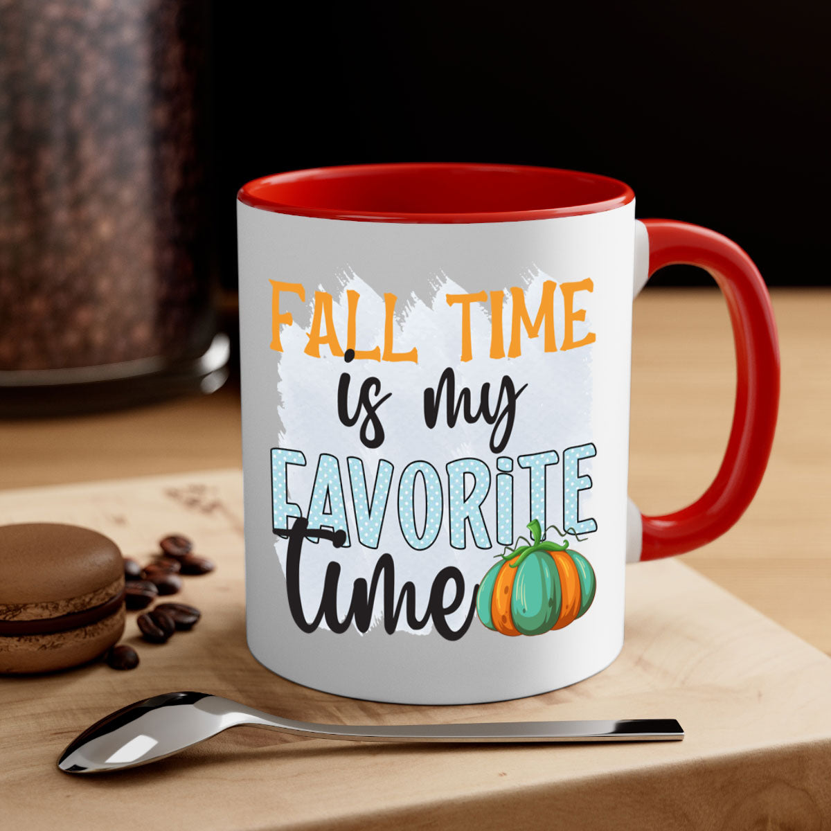 Fall Time is My Favorite Time Mug with a glossy finish, featuring a colored handle and interior, available in five colors.
