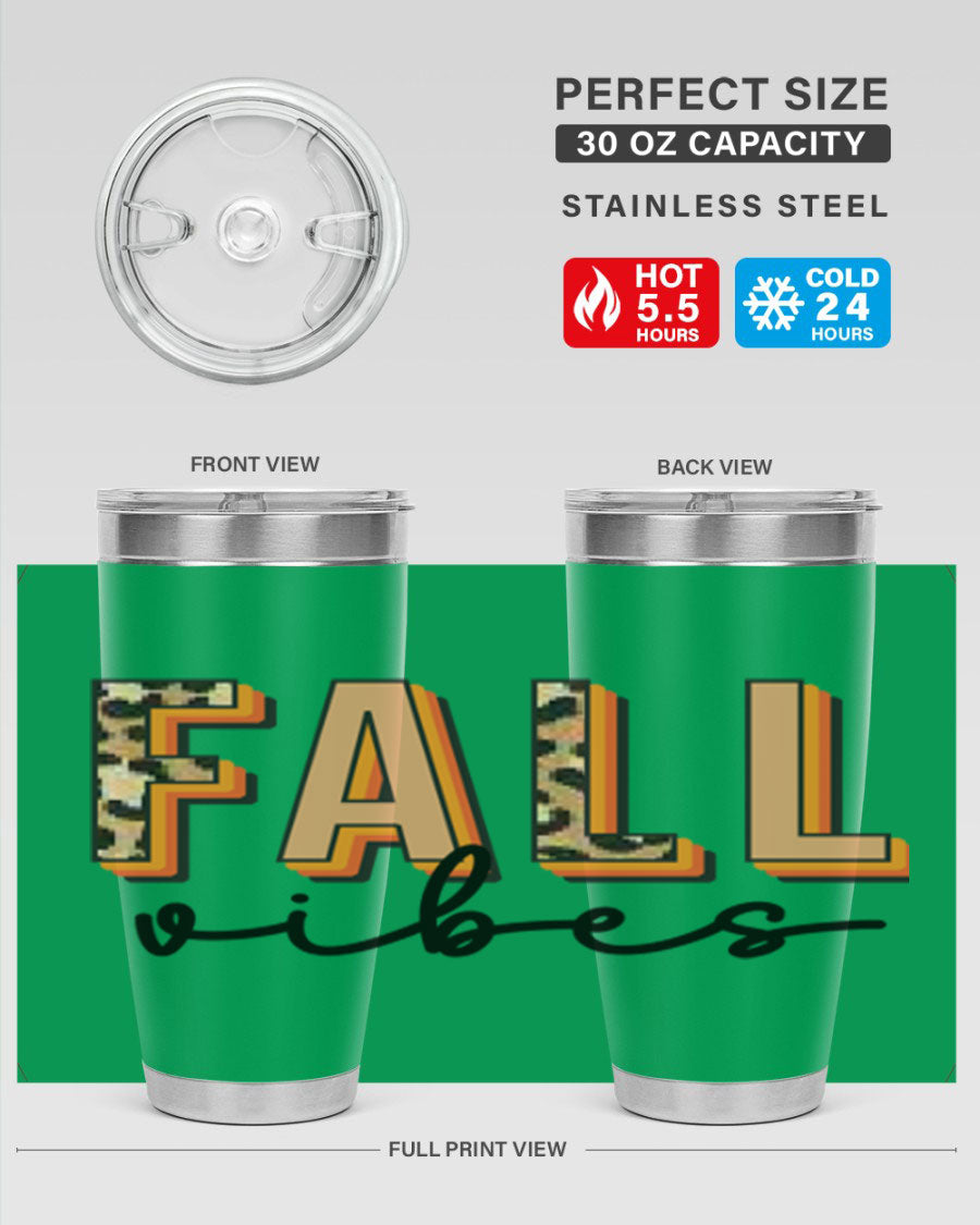 Fall Vibes 138# Tumbler in stainless steel with vibrant fall-themed design, perfect for hot and cold beverages.