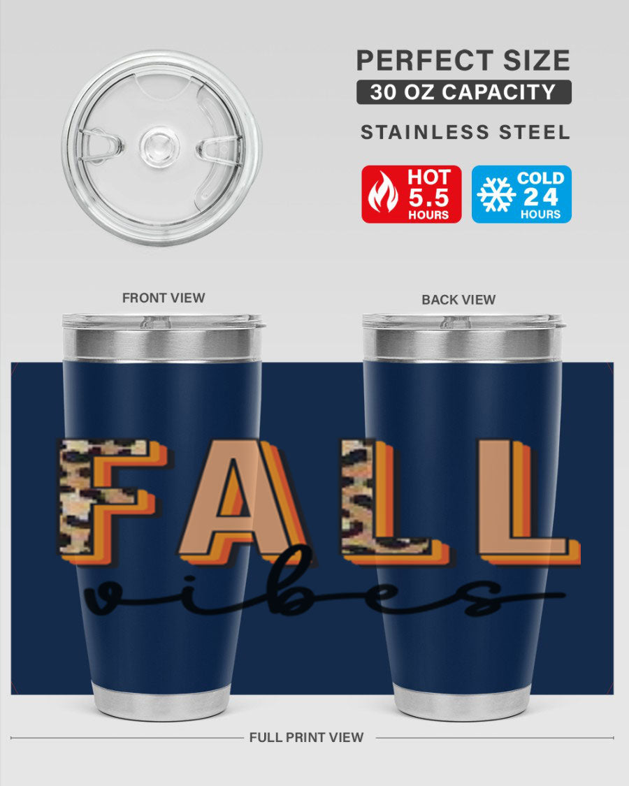 Fall Vibes 138# Tumbler in stainless steel with vibrant fall-themed design, perfect for hot and cold beverages.