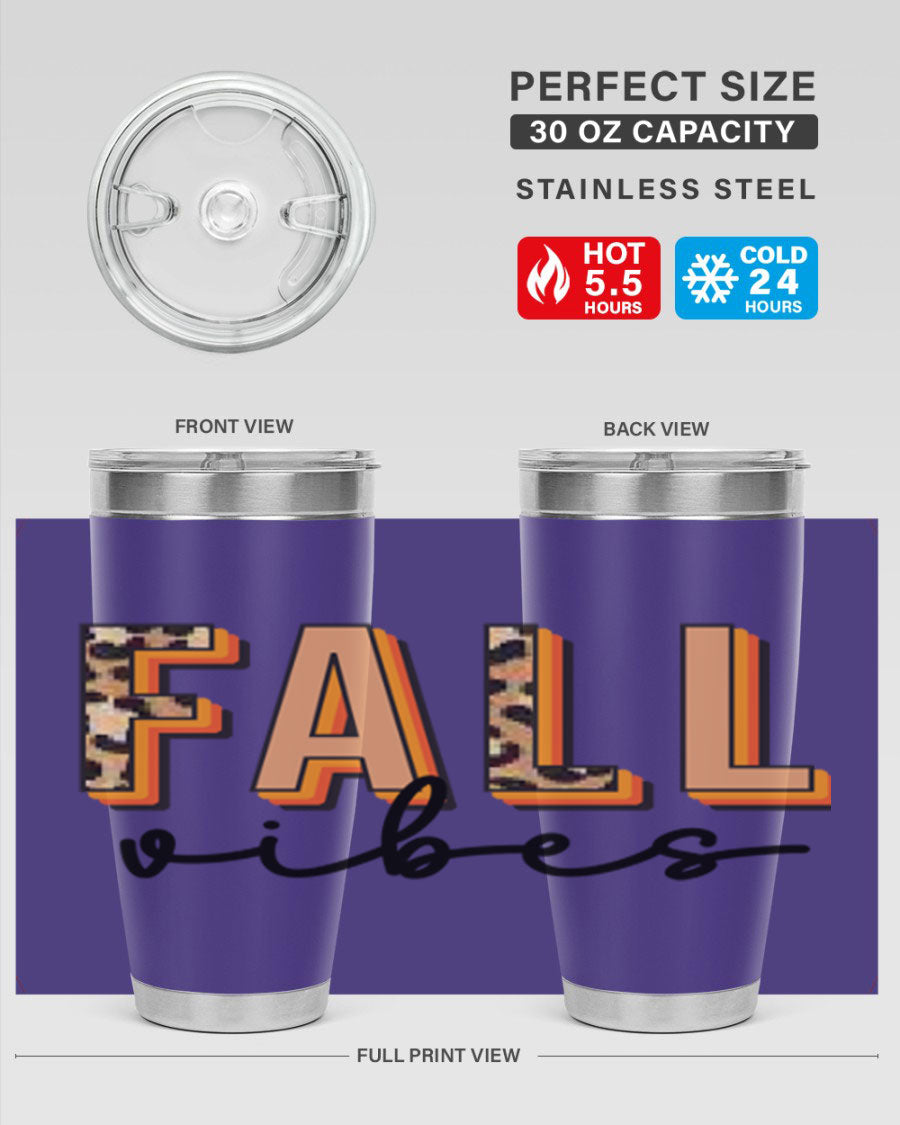 Fall Vibes 138# Tumbler in stainless steel with vibrant fall-themed design, perfect for hot and cold beverages.