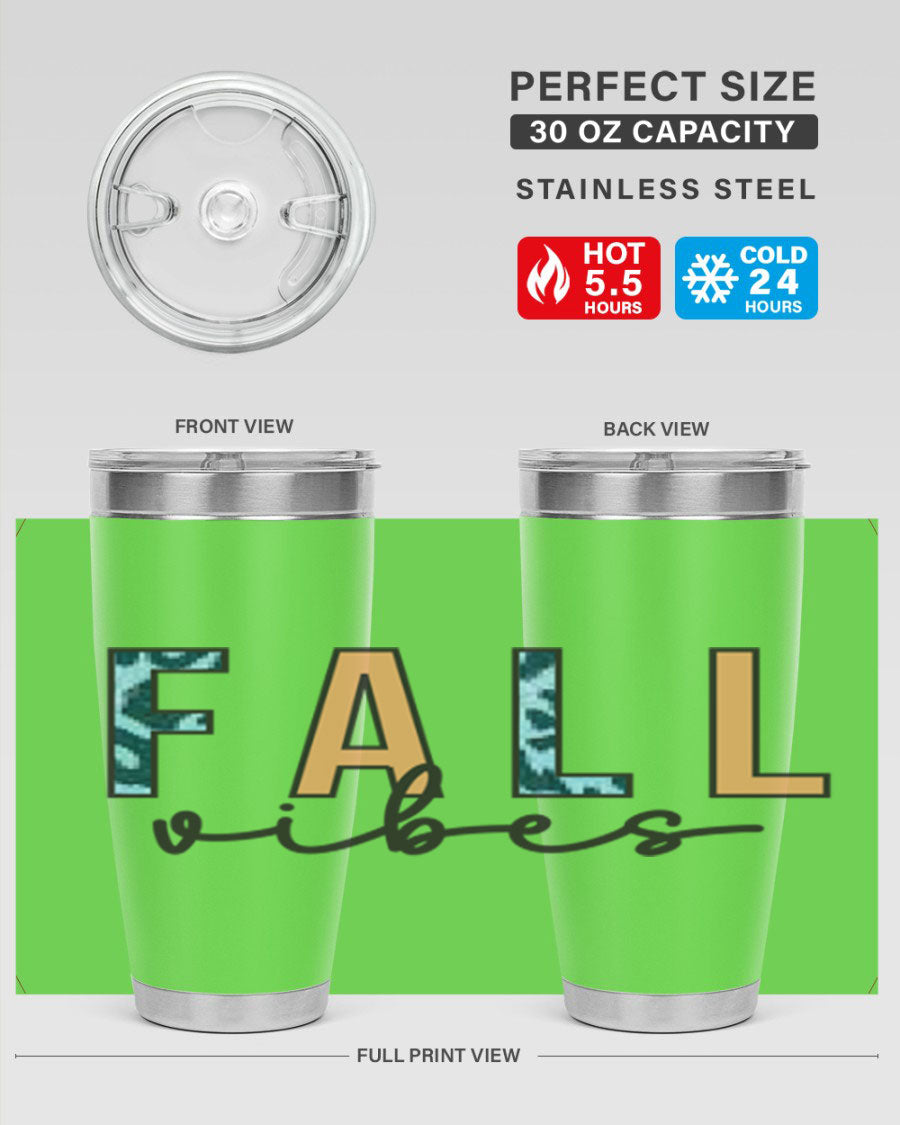 Fall Vibes 139# Tumbler in 20oz and 30oz sizes, showcasing double wall vacuum stainless steel design with copper lining.