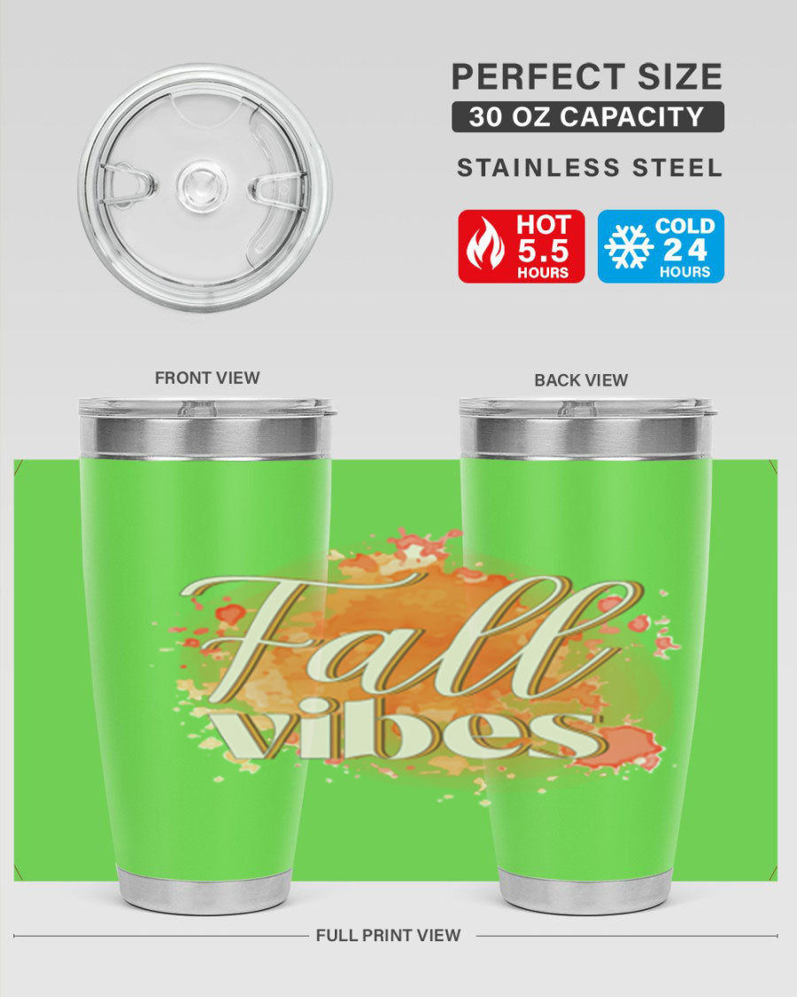 Fall Vibes 20oz Tumbler in stainless steel with autumn-themed design, showcasing its double wall vacuum insulation and drink-thru lid.