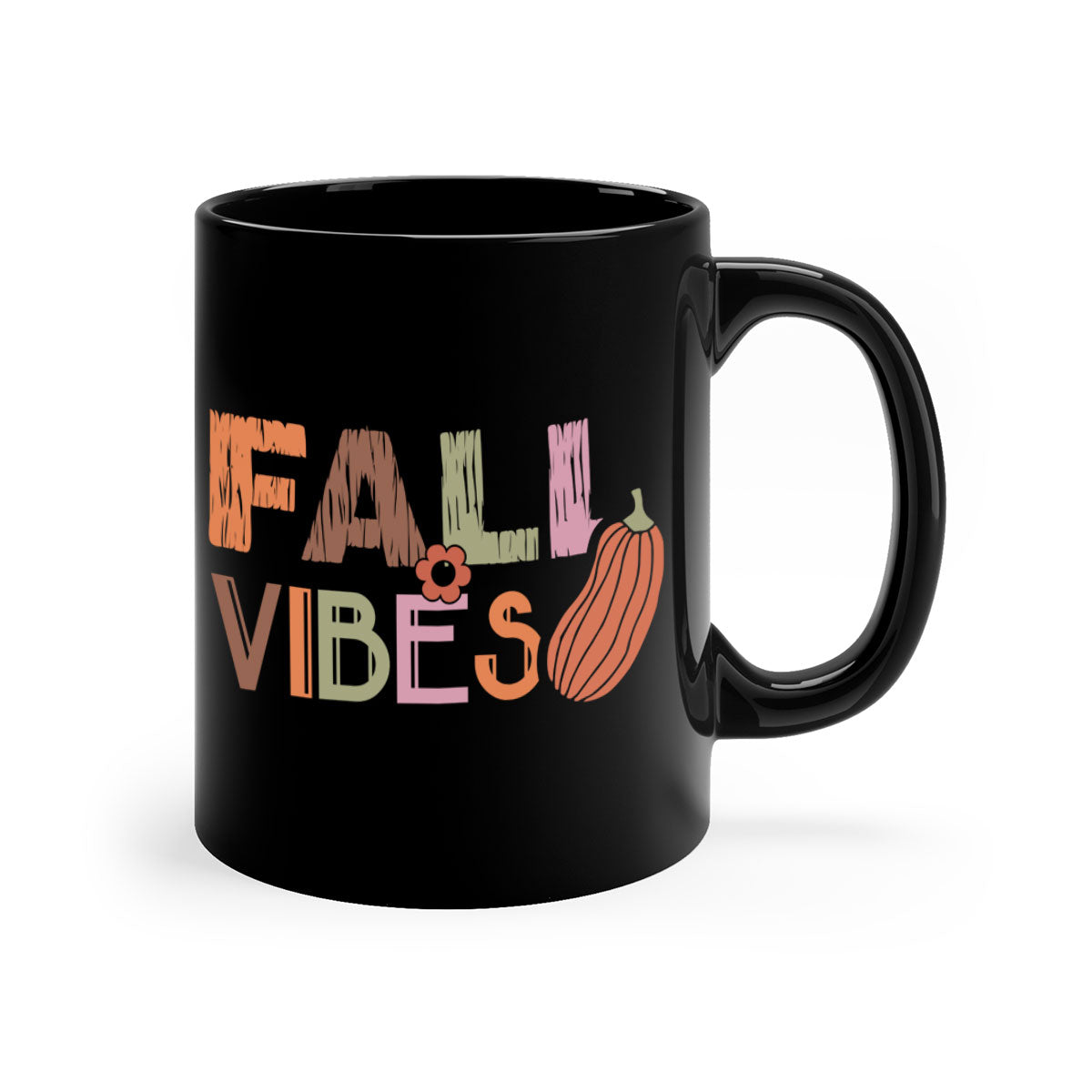 Fall Vibes 140# Mug featuring a glossy finish, colored handle, and interior, available in multiple colors and sizes.