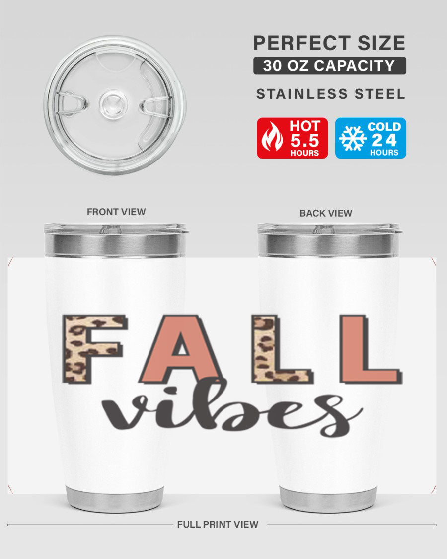 Fall Vibes 143# Tumbler in stainless steel with a vibrant design, perfect for hot and cold beverages.
