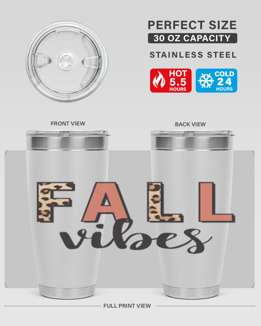 Fall Vibes 143# Tumbler in stainless steel with a vibrant design, perfect for hot and cold beverages.