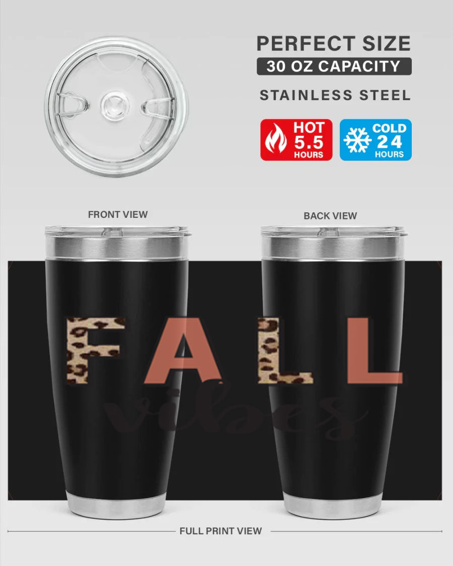 Fall Vibes 143# Tumbler in stainless steel with a vibrant design, perfect for hot and cold beverages.