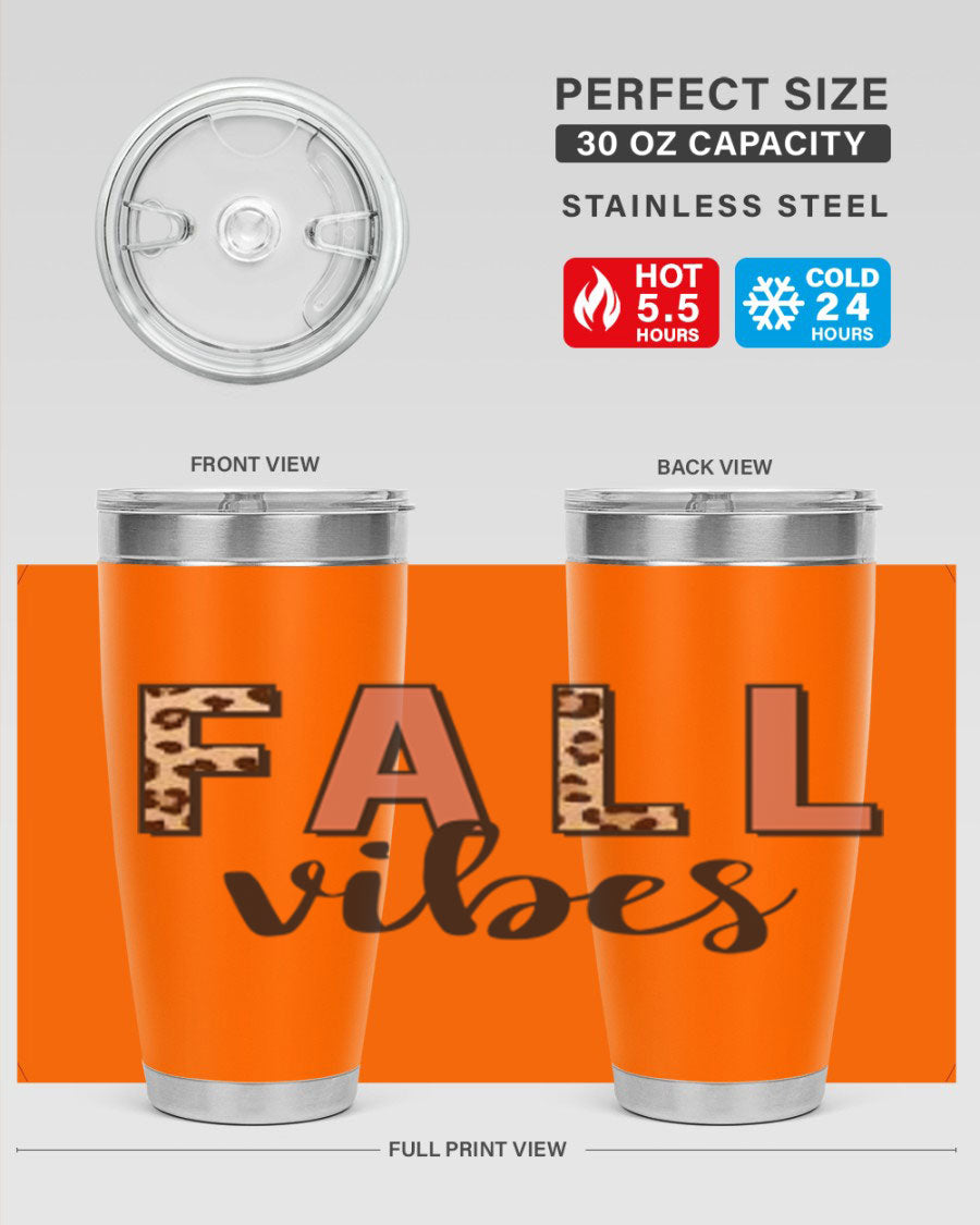 Fall Vibes 143# Tumbler in stainless steel with a vibrant design, perfect for hot and cold beverages.
