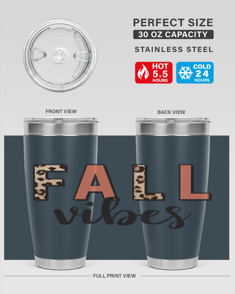 Fall Vibes 143# Tumbler in stainless steel with a vibrant design, perfect for hot and cold beverages.