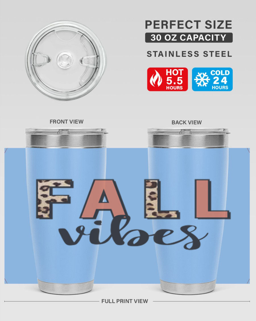 Fall Vibes 143# Tumbler in stainless steel with a vibrant design, perfect for hot and cold beverages.