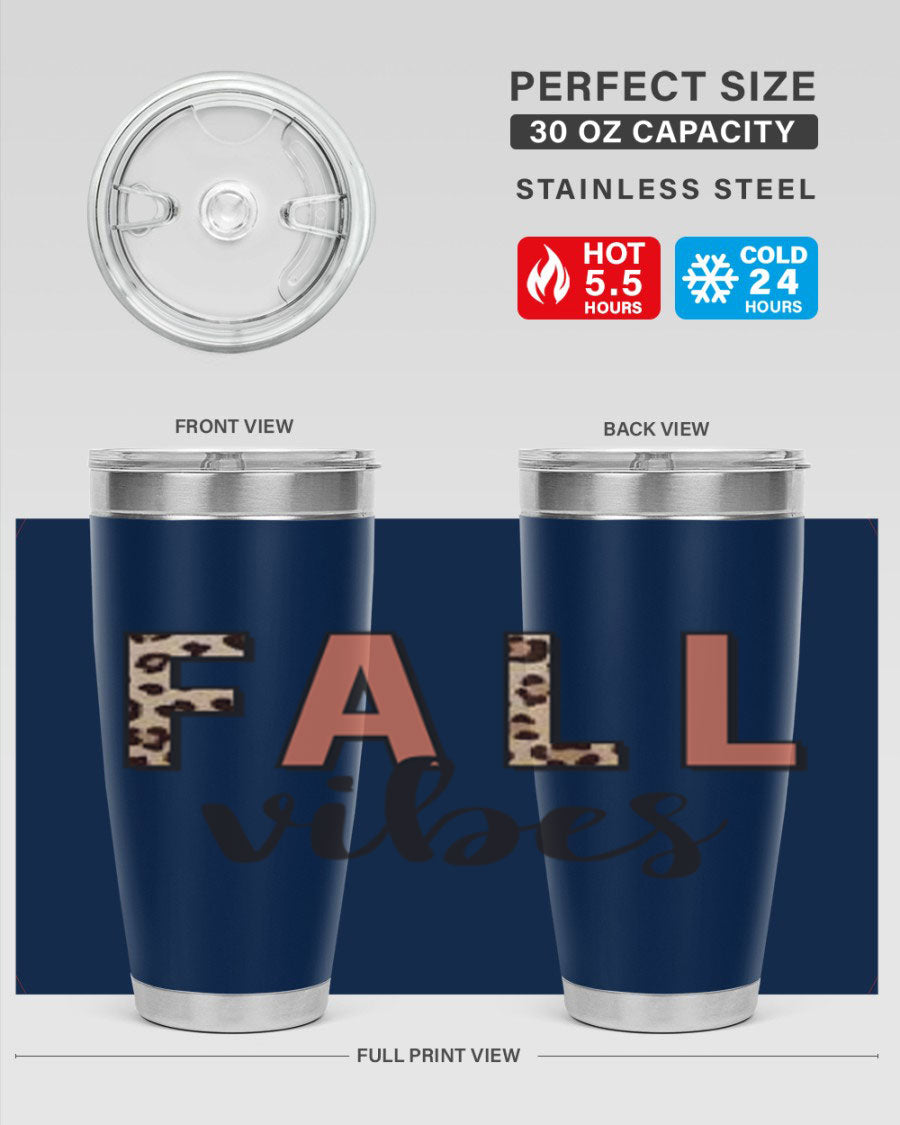 Fall Vibes 143# Tumbler in stainless steel with a vibrant design, perfect for hot and cold beverages.